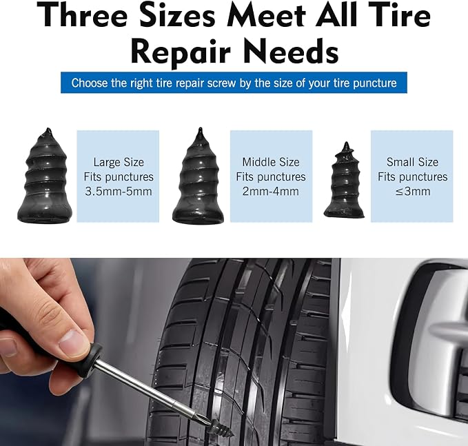 101 PCS Tire Repair Rubber Nail, 3 Size Vacuum Tire Repair Kits Spiral Rubber Screws, Fast Self-Service Tool for Car, Truck, Motorcycle, Tractor Tire Puncture Repair (Black)