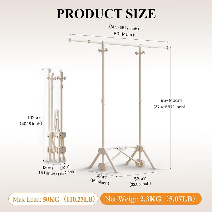Small Clothes Rack, Foldable Clothes Rail with 3 Adjustable Heights | Extendable Rod, 4 Side Hooks, Portable, Sturdy Carbon Steel, Space Saving, Ready to Use, for Bedroom, Laundry, Cream White