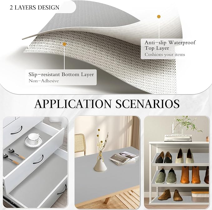Beautysaid Shelf and Drawer Liner for Kitchen Cabinet Non Adhesive Non Slip | Shelf Paper Waterproof Washable Thickened for Dresser Pantry Shelve Bathroom Protector Liner(Light Grey,12 in x 20FT)