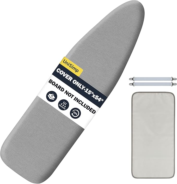 UniSimp Ironing Board Cover and Pad 15"x54" Extra Thick Natural Cotton, Scorch and Stain Resistant Padding, Standard Size Iron Board Cover with Fasteners Heavy Duty Elastic Edge, Heatproof Gray