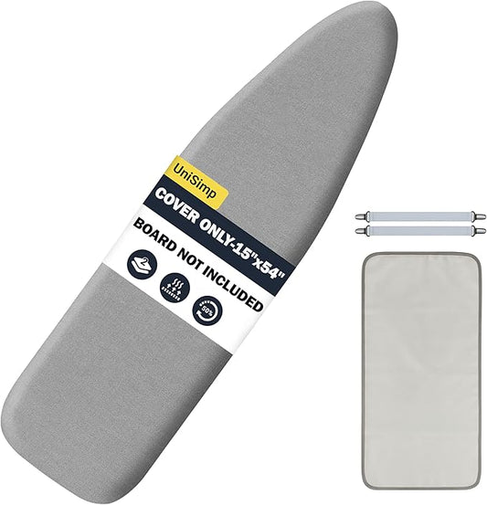 UniSimp Ironing Board Cover and Pad 15"x54" Extra Thick Natural Cotton, Scorch and Stain Resistant Padding, Standard Size Iron Board Cover with Fasteners Heavy Duty Elastic Edge, Heatproof Gray