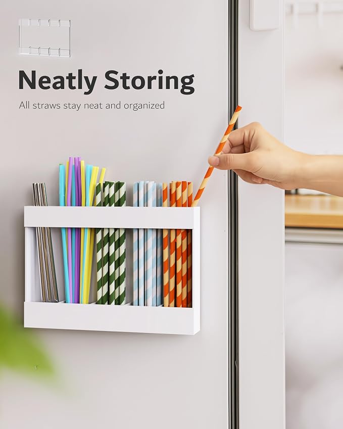 Acrylic Straw Holder & Organizer - Compact, Adhesive Tape Included for Easy Installation - Perfect for Countertops, Cabinets, or Kitchen Storage (White-5 Compartments)