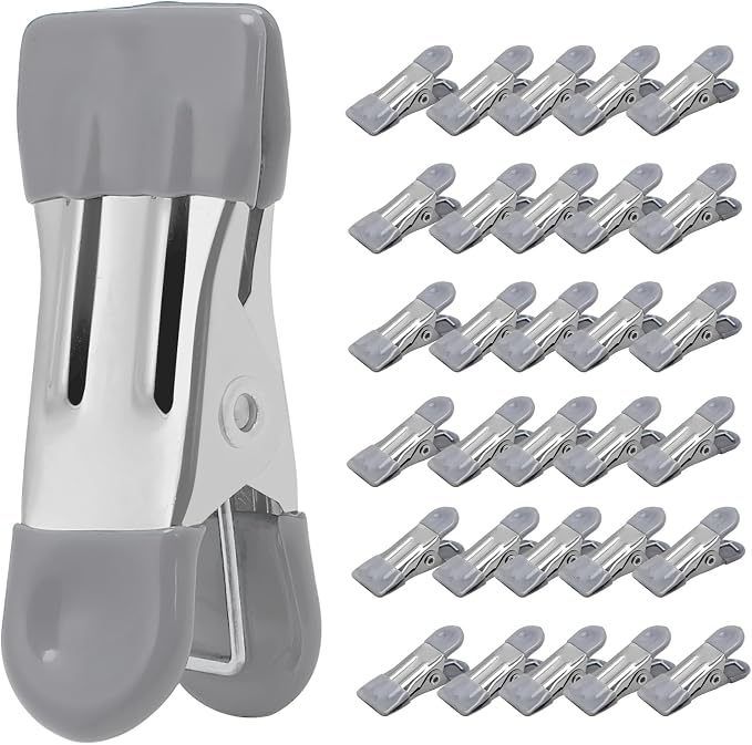 Clothes Pins Heavy Duty, 30 Pack, 2.17 Inch Metal Chip Clips, Gray | Clothespins for Photo Drying Clothesline Laundry Sock, Bag Clips for Food Kitchen Stainless Steel with Rubber