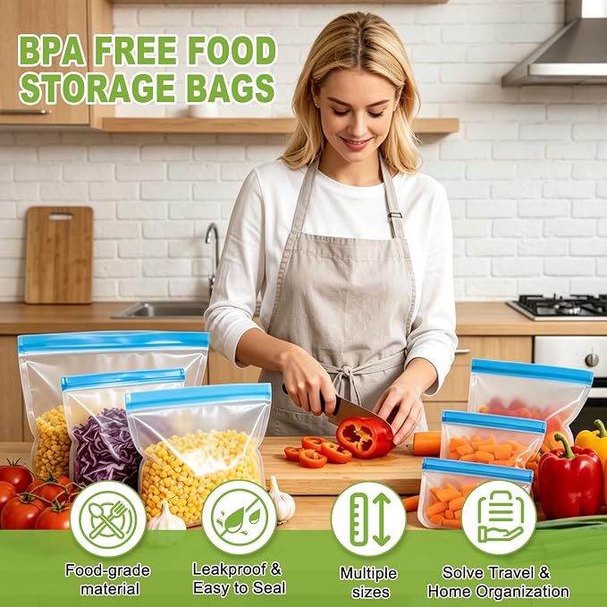 24 Pack Silicone Bags for Food Storage,Reusable Silicone Food Storage Bags,Freezer, Microwave & Dishwasher Safe,Reusable Freezer Food Bags, Leakproof-8 Gallon 8 Snack 8 Sandwich Bags,Blue