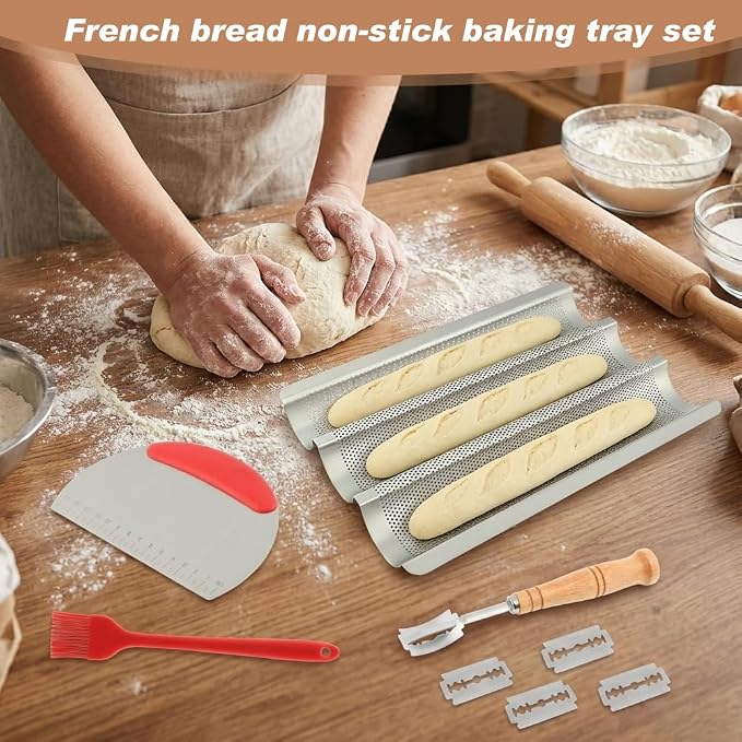 Baguette Bread Pan, Nonstick Baguette Pan for French Loaf Baking with Dough Scraper, Pastry Brush, Bread Lame, Replacement Blades, Banneton Cloth for Sourdough, Artisan Bake Baking