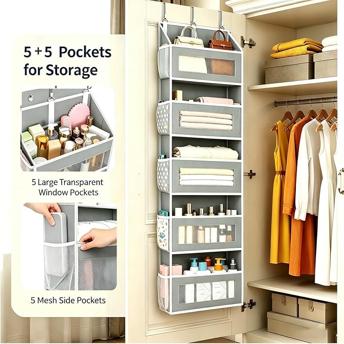 Simple Trending Over The Door Hanging Organizer, 5-Tier Shelves with 5 Large & 5 Side Pockets, Anti-Tilt Heavy Duty 44 lb Capacity Behind Door Storage for Bedroom, Bathroom, Pantry, Nursery, Grey