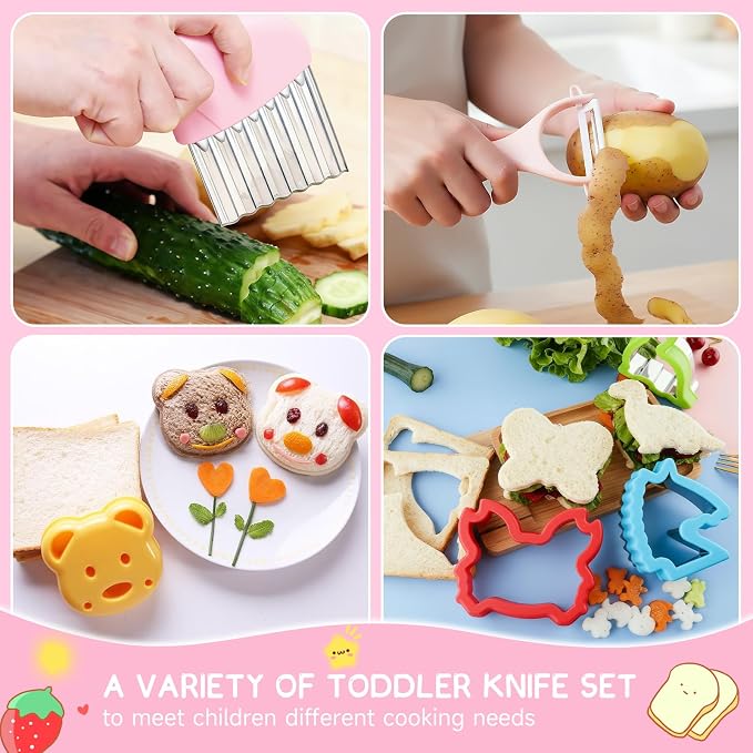 Toddler Knife Set, Kids Knife Set for Real Cooking with Vegetable Fruit Cutter Shapes Cutting Board Kid Safe Knives, Montessori Toys for Toddler Kitchen Tools Girl Boy Chirstmas Birthday Gifts
