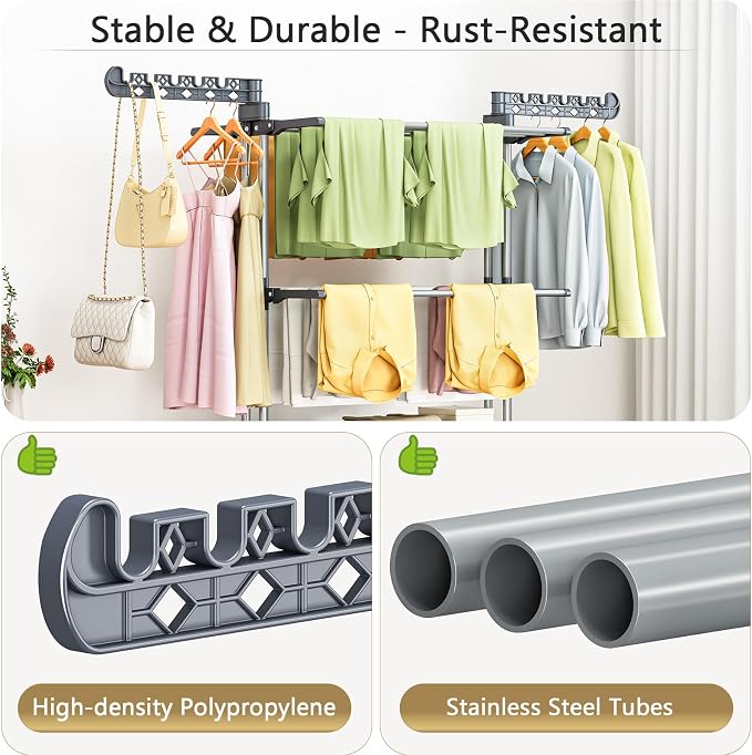 Reinforced Clothes Drying Rack Foldable, 4-Tier Drying Rack with Wheels | Heavy Duty Foldable Laundry Drying Rack for Indoor Outdoor Air Drying, Ideal for Large Families, 19.68"D x 29.92"W x 67.70"H