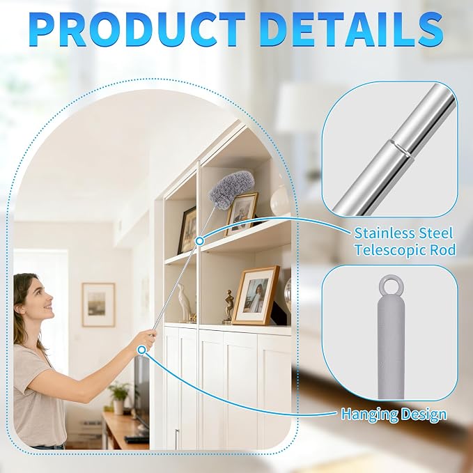 2 Pack Microfiber Duster for Cleaning, Washable Hand Dusters with Extendable Pole, Cleaning Supplies for Office, Car, Furniture, Ceiling Fan