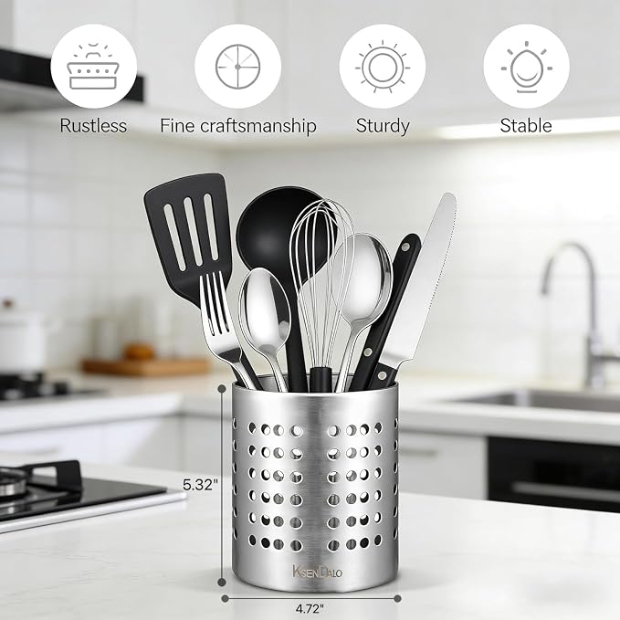 KSENDALO SUS304 Small Stainless Steel Utensil Holder for Countertop, Silver | 18/8 Stainless Silverware Utensil Drying Rack, Sturdy Rust Resistant, 5.32inch Tall, Dishwasher Safe