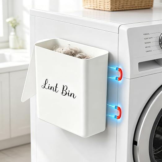 Magnetic Lint Bin with Lid for Laundry Room, Compact Plastic Dryer Lint Holder, Small Laundry Trash Container for Dryer Lint & Used Dryer Sheets, Space Saving Storage Decor Organizer (White)