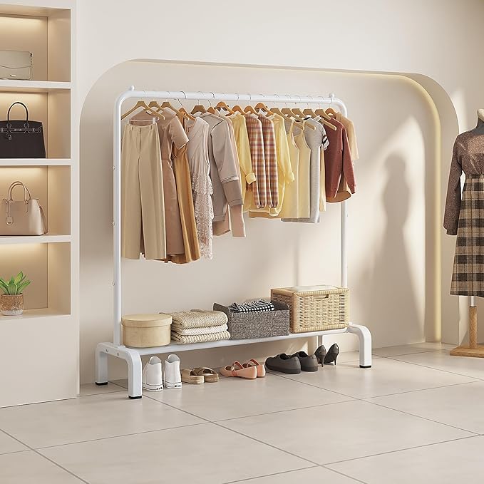 JIUYOTREE Metal Clothing Rack, 43.3 Inches Clothes Garment Coat Rack with Bottom Shelf for Hanging Skirts, Shirts, Sweaters, White