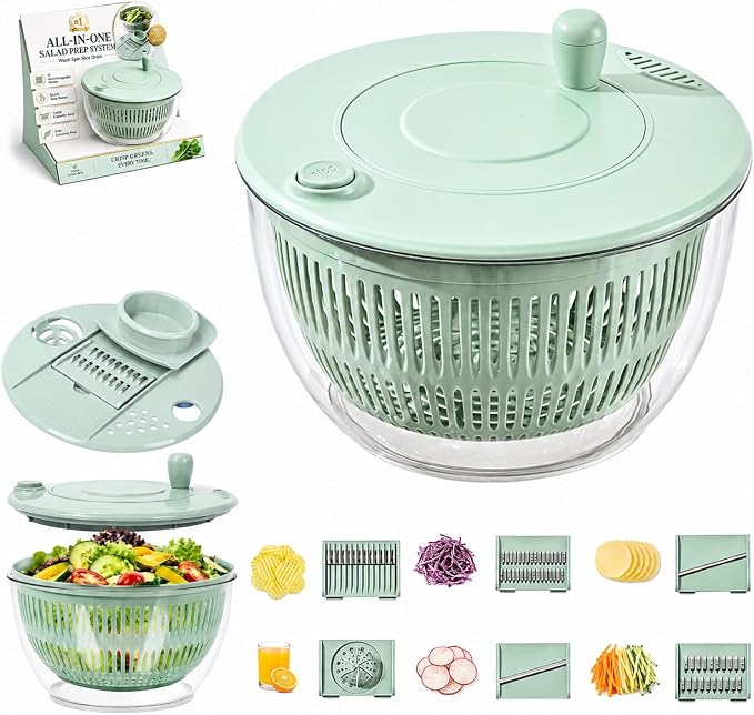 Multifunctional Salad Spinner with Slicer, 3 in 1 Vegetable Fruit Washer Dryer, Kitchen Chopper Tool Set with 5 Interchangeable Blades Egg Separator Large Lettuce Dehydrator | Green