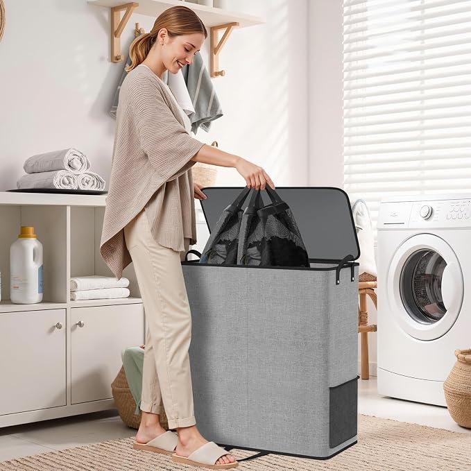 136L 2 Section Laundry Hamper with Lid, Laundry Basket, Gray | Large Laundry Hampers with Reinforced Handles & Removable Bags, Tall Dirty Clothes Hamper for Laundry Room, Bedroom, Bathroom