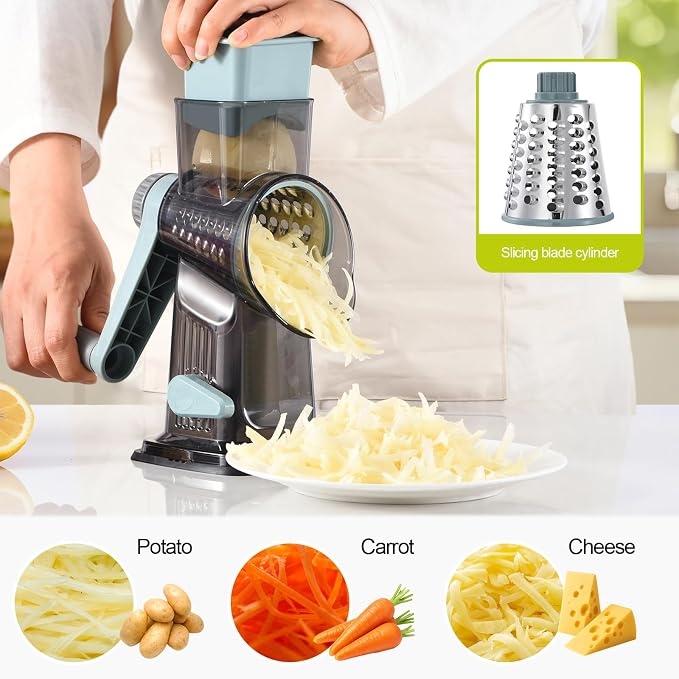 Rotary Cheese Grater Shredder 3-in-1 Hand Crank Suction Base | Stainless steel blades for fine, medium & coarse grating | Perfect for cheese, vegetables & nuts | Finger-safe design