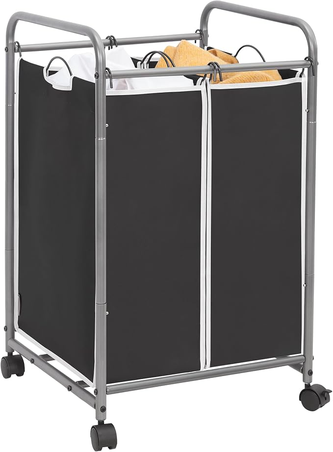 STORAGE MANIAC Laundry Sorter 2 Section, 90L (23.7Gal) Laundry Hamper with Wheels, Clothes Basket Separator Sorter, 2 Bag Cart and Removable Bags for Closet, Dorm, Collage, Black
