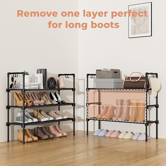 LANTEFUL 3 Tier Shoe Rack for Closet, Shoe Organizer with 5 Hooks, Long Shoe Shelf Storage for Sneaker and Boot Stackable Free Standing Shoe Rack for Entryway, Garage, Small Spaces, Dorm (Pack of 2)