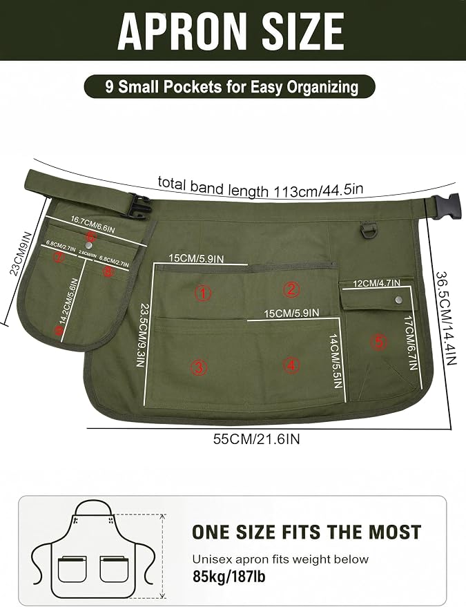 Molaxhome Waist Tool Apron with Multi-Pocket Adjustable Belt for Gardening | Adjustable Long Belt,Waitress Server Aprons,Tool Belt,Hairdressers,Work Apron