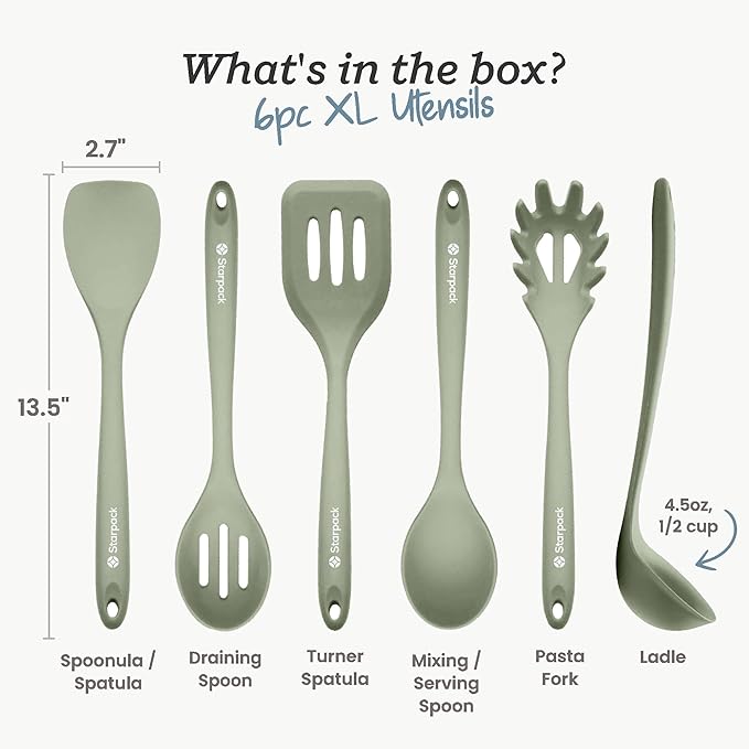 Starpack Like a Boss XL Silicone Cooking Utensils Set (6-Piece, 13.5") - LFGB Certified, 600°F Heat Resistant, BPA-Free - Heavy-Duty Steel Core, Dishwasher Safe - for Nonstick Cookware, Sage Green