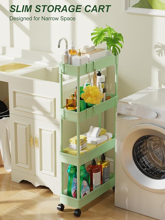 LEHOM 5.1" Slim Storage Cart - 4 Tiers Bathroom Organizer Rolling Utility | Mobile Shelving Unit Storage Rolling Utility Cart Slide Out Organizer for Kitchen Bathroom Laundry Narrow Places, Green