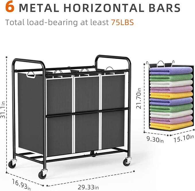 ROMOON Laundry Sorter Hamper 3 Section, Divided Laundry Basket Organizer | Rolling Clothes Hamper with Heavy Duty Lockable Wheels and Removable Bags for Apartment, Dorm & Family, 135L, Modern Black