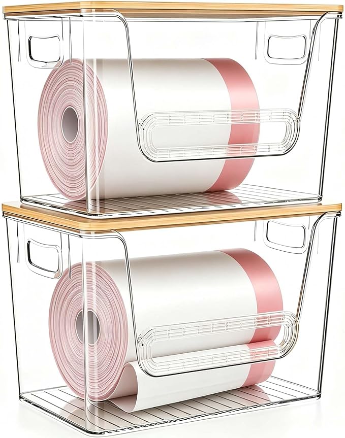 2-Pack Trash Bag Holder Dispenser with Bamboo Lid | Stackable Dispenser, Clear Plastic Organizer for Under Sink, Kitchen, Pantry, Laundry Room, Fits 13, 30, 33 Gallon Bags
