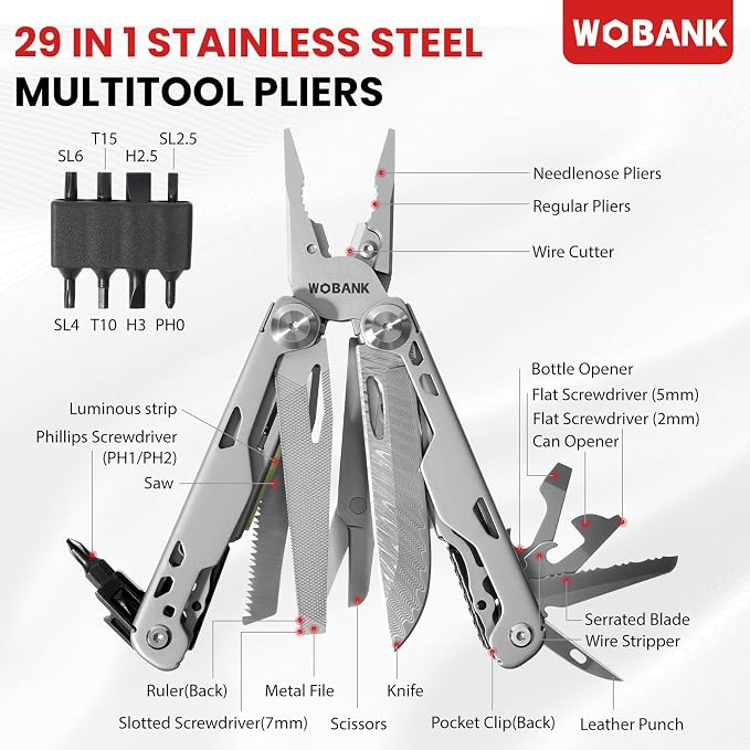 29-in-1 Multitool Pliers, Full-size, EDC Knife, Stainless Steel | Scissors, Damascus Pocket Knife, Nylon Sheath, Screwdriver Sleeve, Survival, Camping, Hiking, Repair, Practical Gift for Men