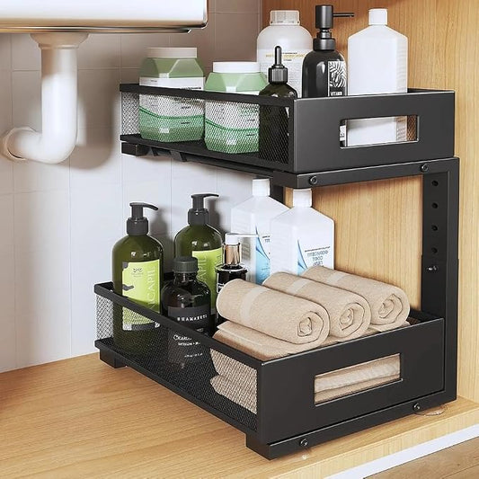 Under Sink Organizer, 2-Tier Dual Pull Out Cabinet Organizer Drawers With Smooth Circular Rail, Large Capacity Metal Mesh Sliding Shelves For Bathroom& Kitchen Storage,Height Adjustable–Black,1 Pack