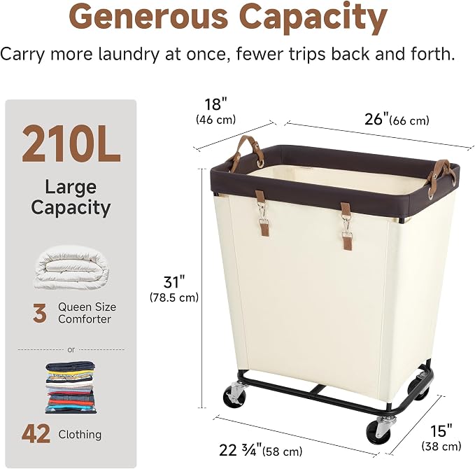 StorageWorks 210L Laundry Basket with Wheels, Rolling Hampers for Clothing
