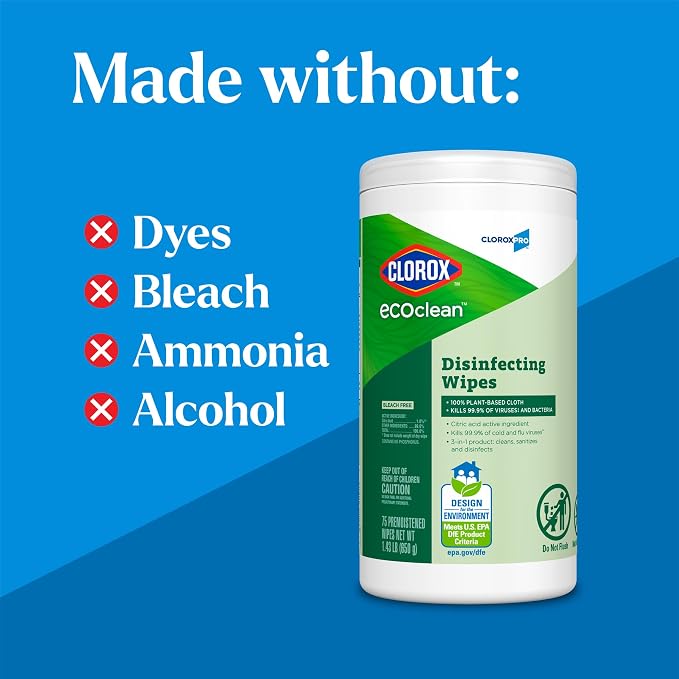 CloroxPro Clorox EcoClean Disinfecting Wipes, Multi Purpose Bleach Free Cleaner, Made with Citric Acid and Plant Based Ingredients, Antibacterial Disinfectant, Multi Surface Use, 75 Ct, Pack of 6