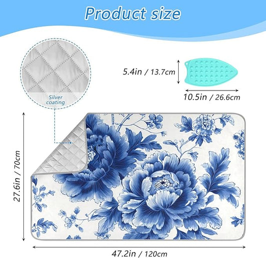 Ironing Mat Pad for Table Portable Travel Iron Blanket Ironing Board Covers Pressing Mat Heat Press Pads 27.6x47.2 Inches Blue and White Peony Flowers Butterfly55