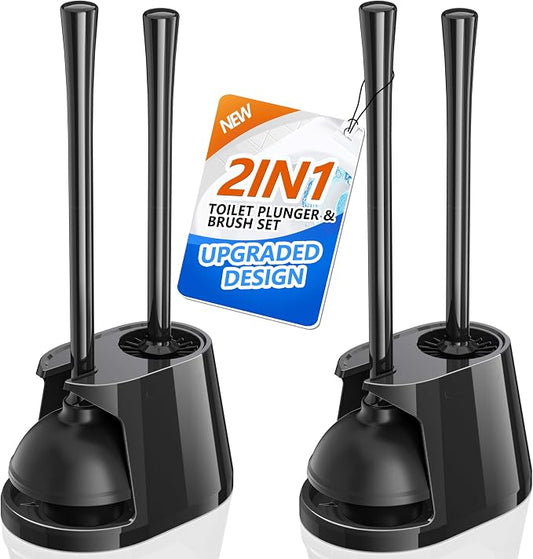 Toilet Plunger and Brush Set, 2 Pack Bowl Brush and Heavy Duty Toilet Plunger with Ventilated Holder, 2-in-1 Toilet Brush and Plunger Combo for 5.3-inch Toilet Drain Bathroom Deeply Cleaning(Black)