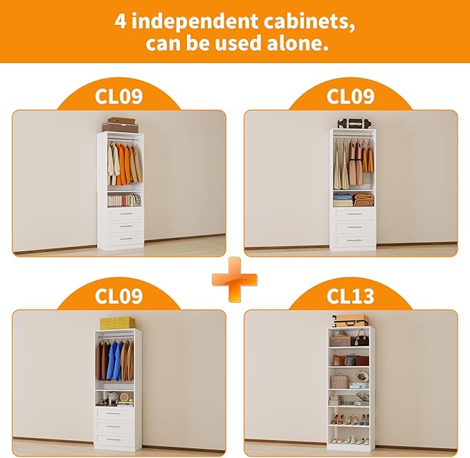 Closet System with 4 Sets, 8FT-21FT Closet Organizer Systems with 9 Drawers 9 Shelves & 5 Hanging Expandable Rods, Walk in Closet Standalone Small Corner Modular Closet Storage System White (8FT)