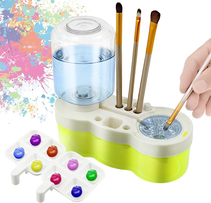 2026 Paint Brush Cleaner for Kids Water Circulation Paint Brush Cleaner with Drain Paint Water Dispenser with Palette Brush Holder Paints Brush Washer for Acrylic Painting Watercolor Art (Green)