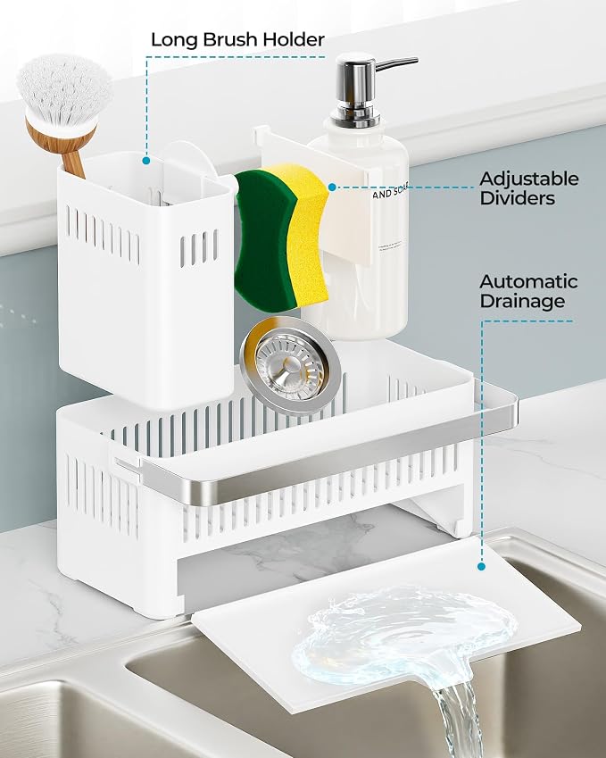 Nieifi Sponge Holder for Kitchen Sink, Sink Caddy with Towel Rack, Dish Sponge Holder, Brush Holder for Kitchen Sink Organizer Storage, White