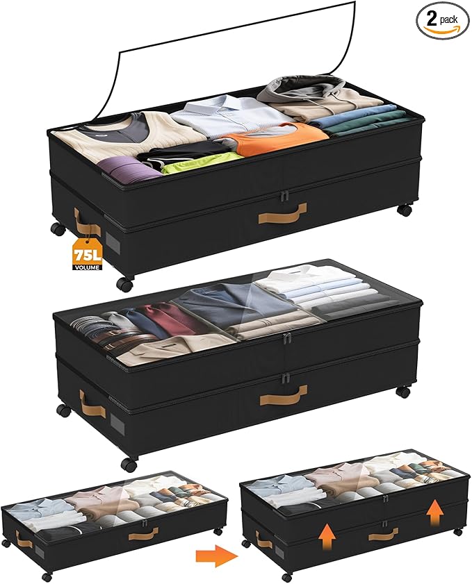 75L 2 Pack Adjustable Under Bed Storage with Wheels | Underbed containers with clear lids, rolling under bed shoe storage organizer for dorm home clothes, blankets, shoes, black
