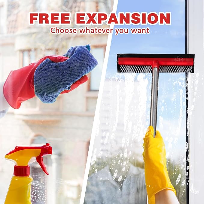 Window Squeegee with 59" Extension Poles, 10" Window Cleaner Tool, Window Washing Kit, Glass Door Cleaner, Multi-Use Car Cleaning Tool with Long Handle for Home High Outdoor Windows