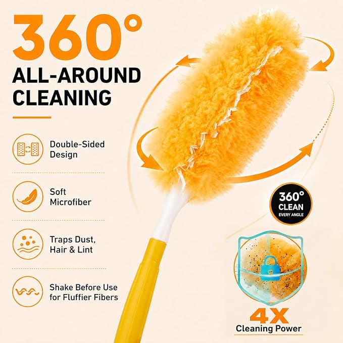 Duster Refills for Swiffer, 50 Pack & 1 Handle, Disposable | 360° Heavy Duty Microfiber | 4X More Fibers | Cleans Blinds, Ceiling Fans & Pet Hair | Fits Most Handles | Multi-Surface