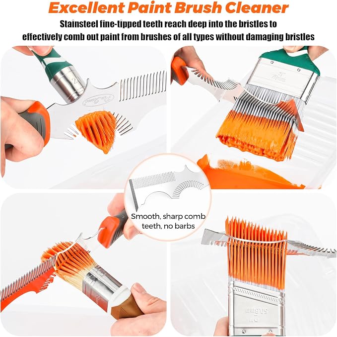 8-in-1 Paint Brush Comb and Paint Roller Cleaner Tool | Solvent-Resistant Stainless Steel Teeth, Easy Grip Rubber Handle, Putty Scraper, Small, Large Paintbrush & Roller Cleaning