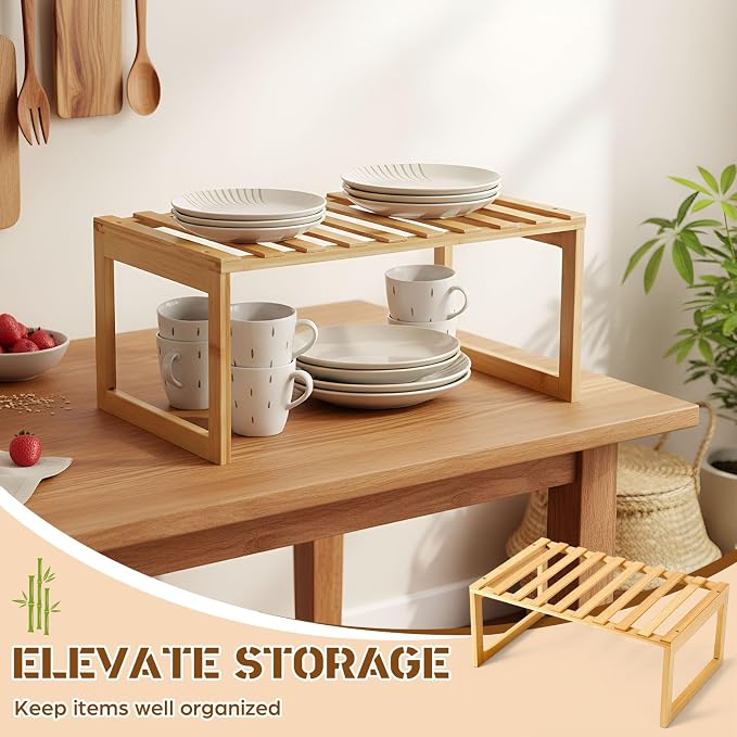 4 Pcs Kitchen Cabinet Organizer Bamboo Bookshelf Bamboo Kitchen Shelves, Rectangle Cabinet Shelf Organizer, Storage Shelves for Pantry Bathroom Dining Room Study Laundry