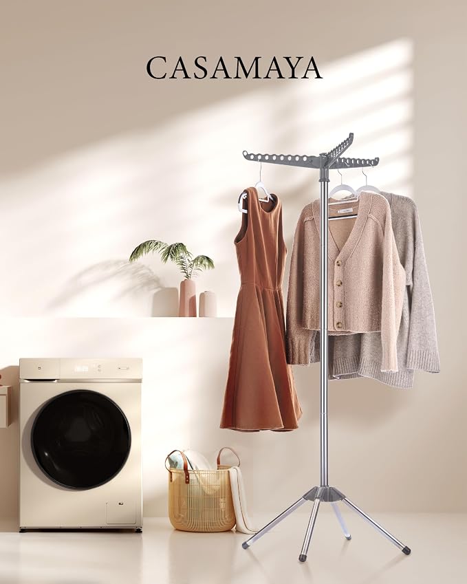 CASAMAYA Clothes Drying Rack Foldable, 59 inch Tripod Laundry Drying Rack Indoor with Rotating Clothes Rail for 27 Pieces of Clothes, Space Saving, Stainless Steel, Grey and Silver CDR001G01