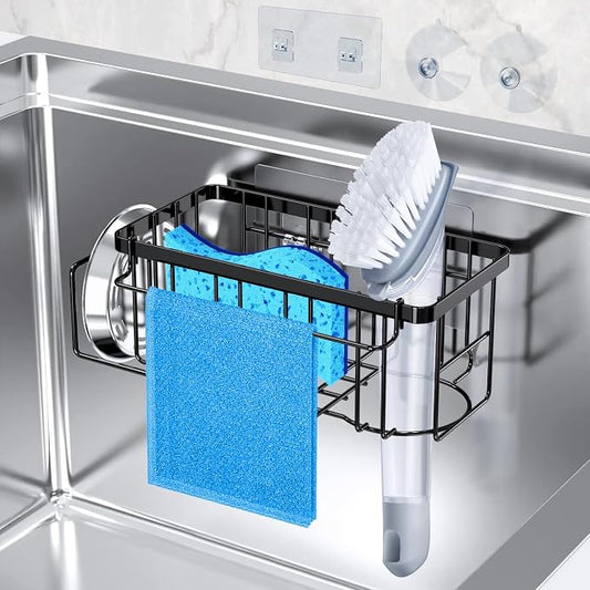 StorageRight 4-in-1 Sponge Holder for Kitchen Sink, Sink Caddy Organizers and Storage with Adhesive Hook & Suction Cups, Rustproof Kitchen Sink Organizer for Home Decor - Black