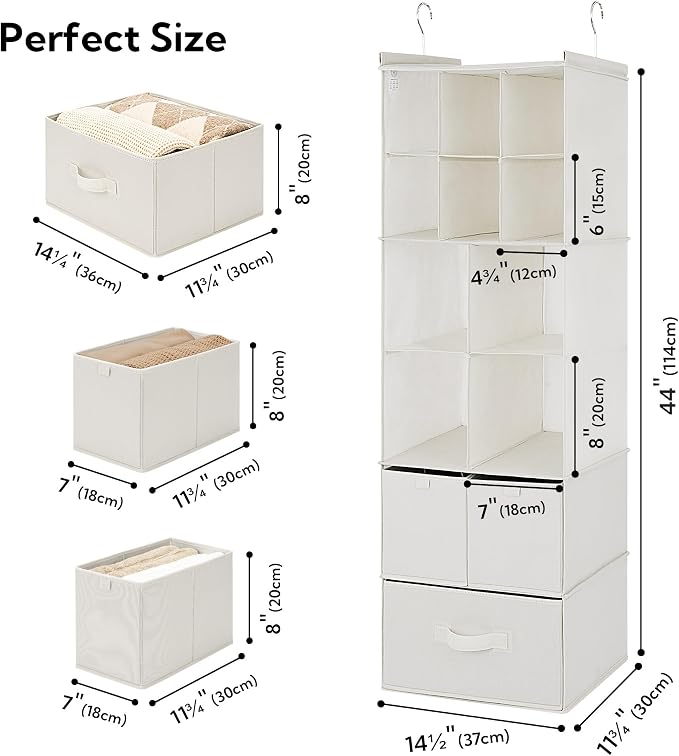 GRANNY SAYS Hanging Closet Organizer with Drawers, 6 Shelf Dividers Closet Hanging Organizer, Portable Foldable Hanging Shelves for Closet, Dorm Room, Bedroom, Kids Room, Beige