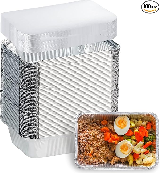 Findful Aluminum Pans with Lids (100-Pack, 8.5"×6") 2.25 LB Capacity Foil Food Containers with Lids - Disposable Tin Foil Pans - for Baking, Meal Prep and Freezer, Takeout (100)