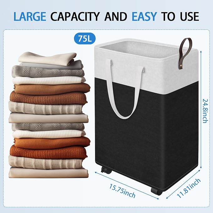 HomeHacks 75L Rolling Laundry Basket with 4 Wheels Collapsible Black | 4 Wheels, Waterproof PEVA Lining, Cotton Flax Fabric, Metal Frame, Bathroom Laundry Room Dorm Storage, Space-Saving Design
