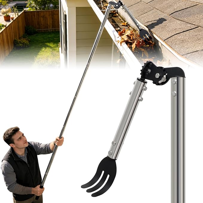 Gutter Cleaning Tools from the Ground, 8.5 FT Dual-Axis Spring Steel Gutter Cleaner, Adjustable Length Gutter Cleaning Pole with Gutter Rake for Leaves, Muck and Roof Debris | Dual-Axis Angle Adjustment