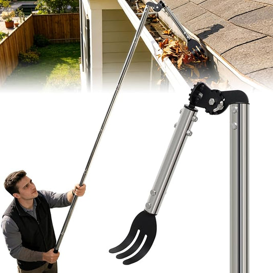 Gutter Cleaning Tools from the Ground, 8.5 FT Dual-Axis Spring Steel Gutter Cleaner, Adjustable Length Gutter Cleaning Pole with Gutter Rake for Leaves, Muck and Roof Debris | Dual-Axis Angle Adjustment