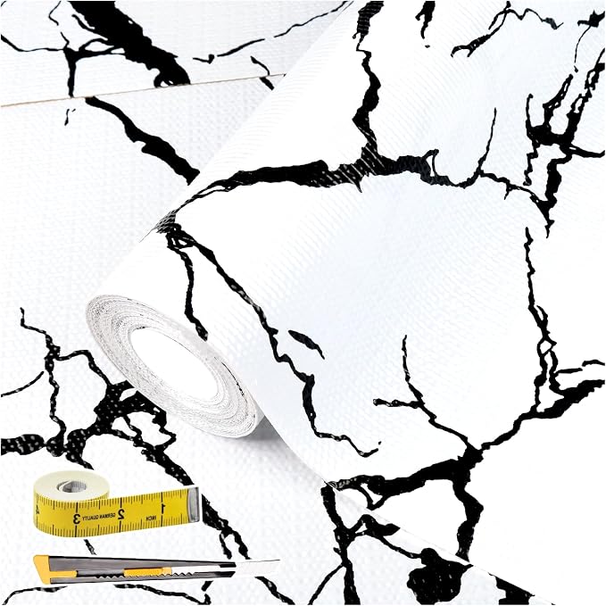 2-Layer Drawer and Shelf Liner for Kitchen Cabinet: 17 in X 30 Ft Non Slip | Waterproof Shelf Paper Non Adhesive Refrigerator Liners White/Black Marble Easy Liners for Bathroom with Knife Tape Measure