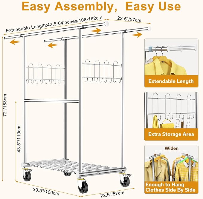 Stainless Steel Heavy Duty Clothes Rack Load 960LBS, Freestanding Garment Racks with Three Rods for Hanging, Rolling Clothing Rack with 360° Wheels for Bedroom Laundry Commercial