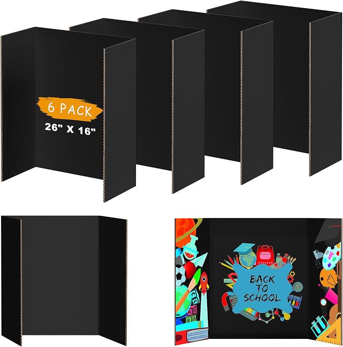 AKONEGE 6PCS Black Trifold Poster Board 26"x16" for Display & Presentation | Small, Corrugated Cardboard, Display Board, Presentation Board, Ideal for School Project, Science Fair, Business Exhibition